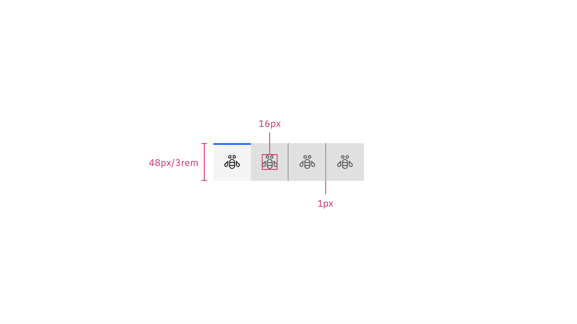 Structure and spacing measurements for icon-only contained tabs in px and
rem Structure and spacing measurements for icon-only contained tabs in px and
rem