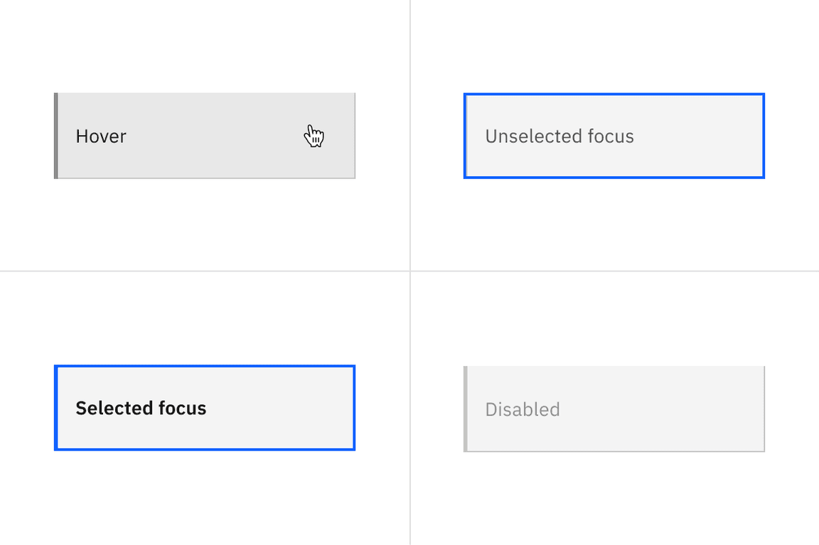 Examples of hover, unselected focus, selected focus, and disabled states for vertical tabs. Examples of hover, unselected focus, selected focus, and disabled states for vertical tabs.